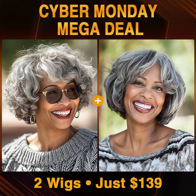 Advertisement for cyber monday deal on wigs with two women wearing gray wigs. Soul Lady Salt and pepper human hair gray wigs for women over 50- loose wavy bob wig and natural wavy bob wig