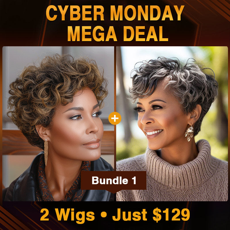 Soul lady wigs | Cyber monday BOGO Combo Deal | Salt & Pepper & Brown Pixie Wigs – 3 Style Sets Available | brown highlight curly pixie and natural wave salt and pepper pixie wig.