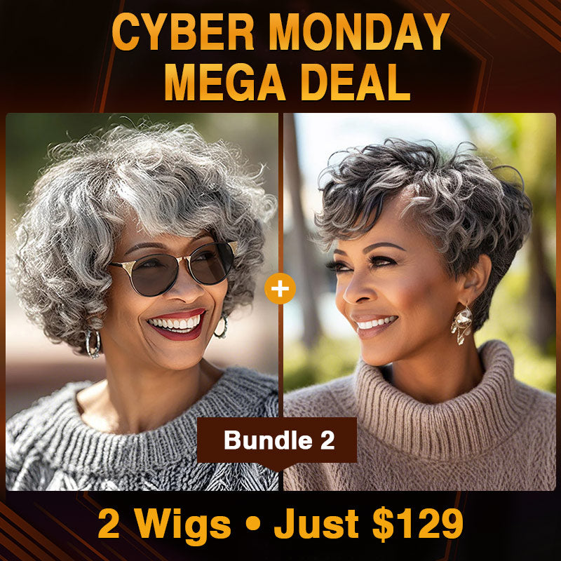Advertisement for cyber monday deal on wigs with two women wearing gray wigs. Soul Lady Salt and pepper human hair gray wigs for women over 50- loose curly bob wig and natural wave pixie wig