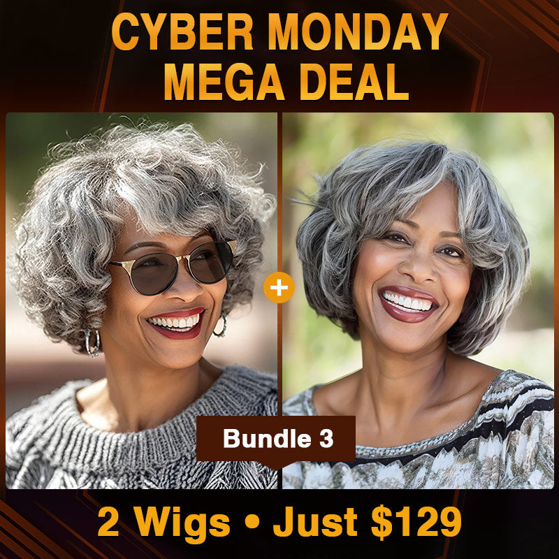 Advertisement for cyber monday deal on wigs with two women wearing gray wigs. Soul Lady Salt and pepper human hair gray wigs for women over 50- loose curly bob wig and natural wavy bob