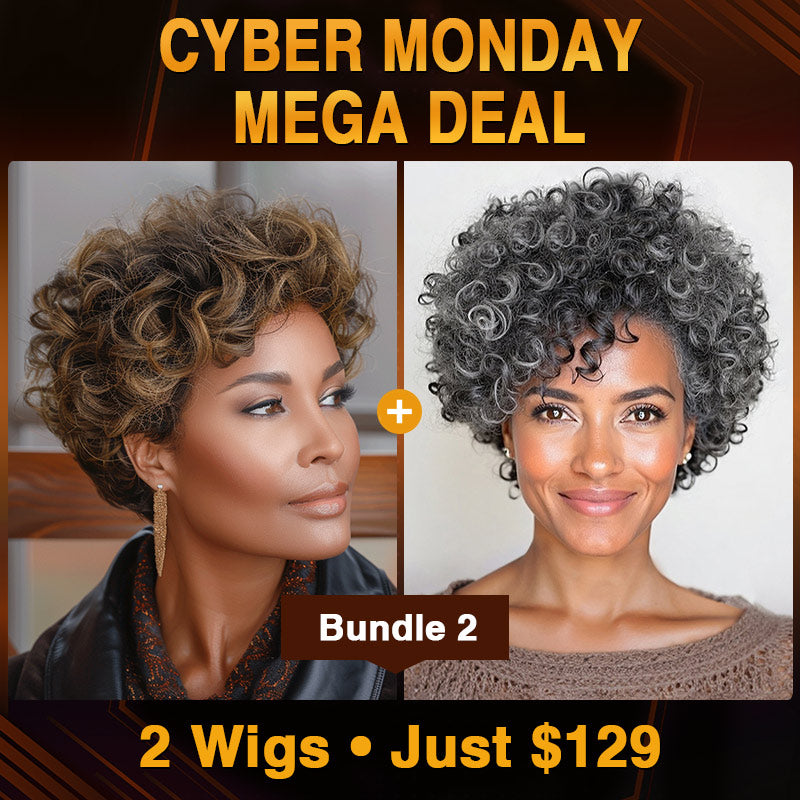 Soul lady wigs | Cyber monday BOGO Combo Deal | Salt & Pepper & Brown Pixie Wigs – 3 Style Sets Available | brown highlight curly pixie and curly medium salt and pepper pixie wig.
