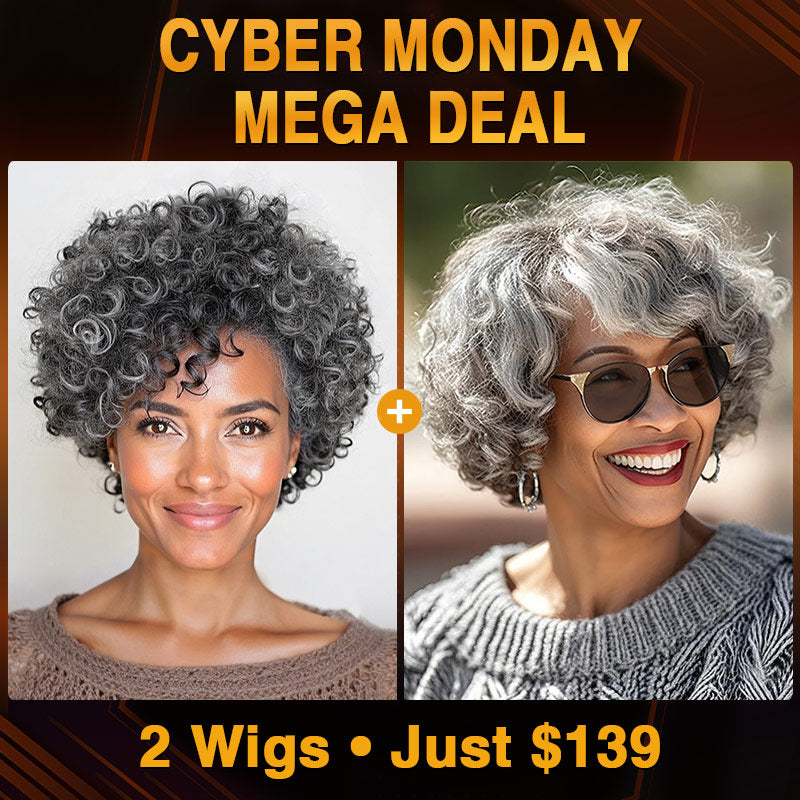 Advertisement for Cyber monday deal on wigs with two women wearing gray wigs. Soul Lady Salt and pepper human hair gray wigs for women over 50- curly pixie wig and loose curly bob wig