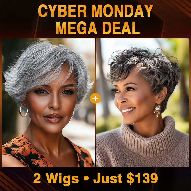 Advertisement for cyber monday deal on wigs with two women wearing gray wigs. Soul Lady Salt and pepper human hair gray wigs for women over 50- straight pixie wig and natural wave pixie wig