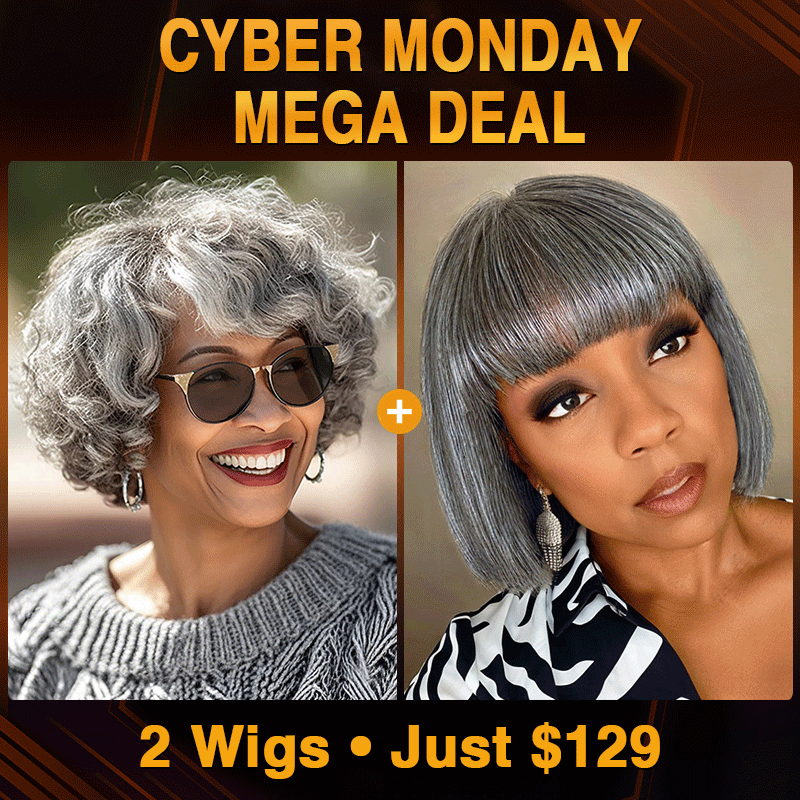 Advertisement for Cyber Monday deal on wigs with two women wearing gray wigs. Soul Lady Salt and pepper human hair gray wigs for women over 50- loose curly bob wig and natural wave pixie wig-straight bob wig, wavy bob