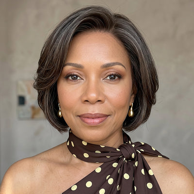 A model showcasing the Soul Lady Brown with Gray Blends Natural Wavy Human Hair Layered Glueless Lace Wig. The wig features soft, natural waves with a blend of brown and gray hues, creating a sophisticated, blended look. It has a layered cut for volume and movement, with a glueless lace cap for easy and secure wear.