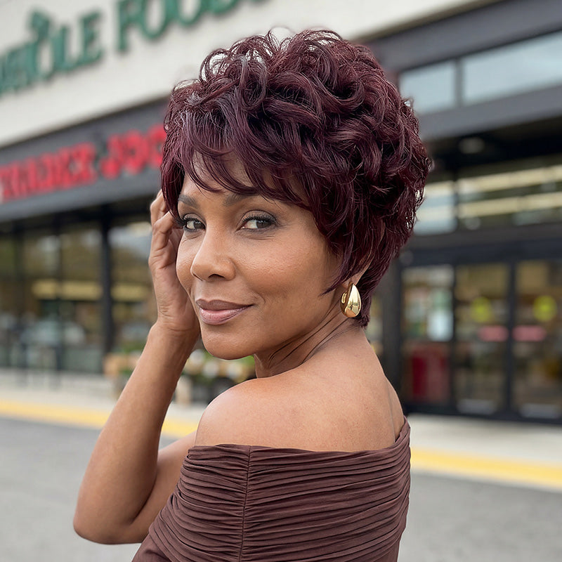 Pixie Cut Curly Human Hair Wig 99J Color Glueless Wear and Go Short Layered Amazon.com : FREEKWEEN Short Curly Pixie Wig for black women  main image 4
