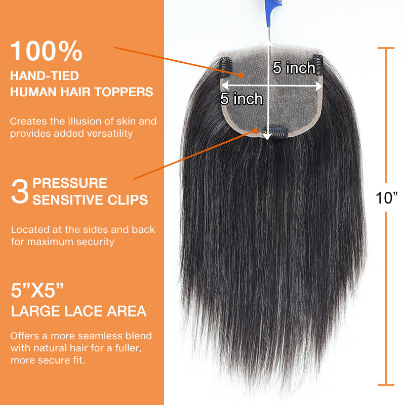 Soul lady wigs offer 5"x5" Lace Crown Toppers Dark Salt And Pepper Straight Human Hair Pieces For Women with thinning hair-features show