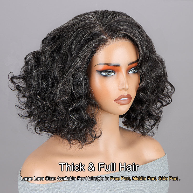 Dark Salt And Pepper Wigs Water Wave Bob 5x5 HD Lace Human Hair Wigs For Mature Women-real wig side show