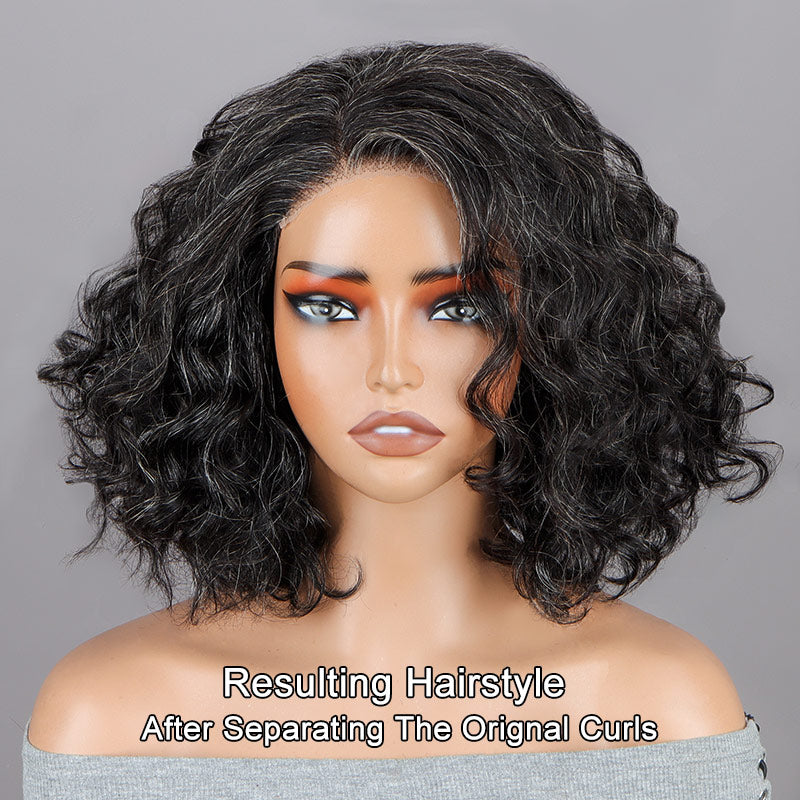 Dark Salt And Pepper Wigs Water Wave Bob 5x5 HD Lace Human Hair Wigs For Mature Women-real wig front show