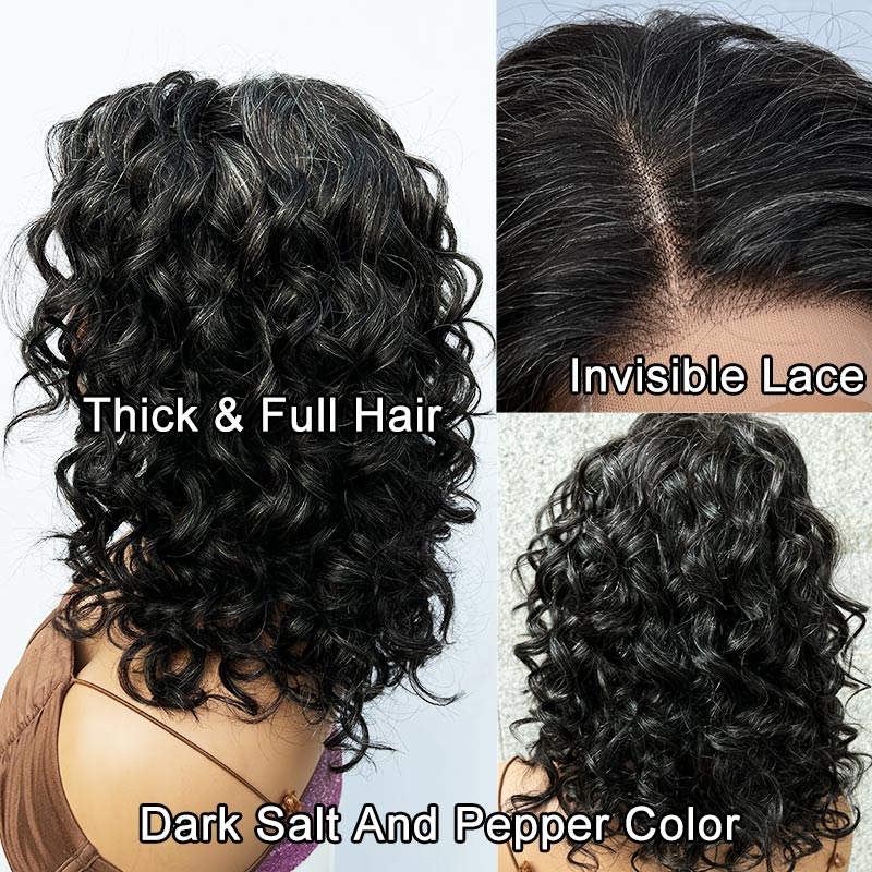 Dark Salt And Pepper Wigs Water Wave Bob 5x5 HD Lace Human Hair Wigs For Mature Women-details