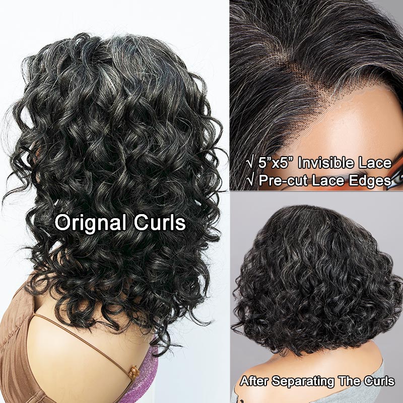 Dark Salt And Pepper Wigs Water Wave Bob 5x5 HD Lace Human Hair Wigs For Mature Women-real wig lace show