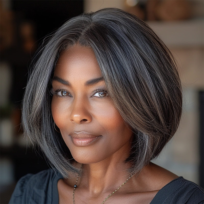 Classic Women's Hairstyle dark Salt And Pepper Straight Bob Real Human Hair WearGo Glueless Lace Wigs For Mom-dark salt and pepper color