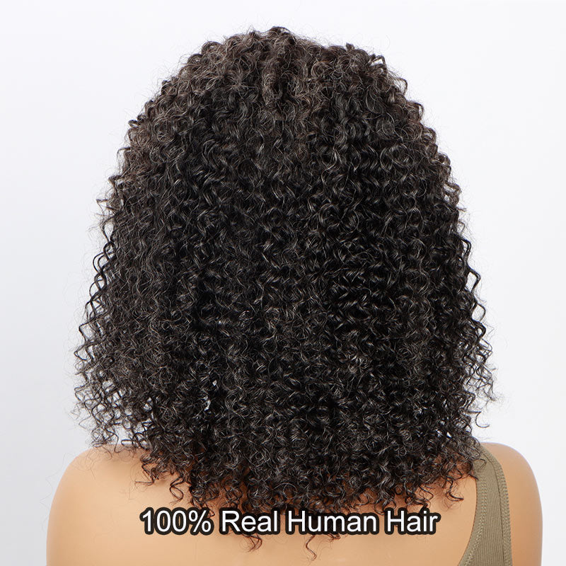 Soul Lady Women's Elegant Hairstyle Salt N Pepper Jerry Curly Human Hair Wigs Full Pepper With Less Grey Hair 4x4 HD Lace Wigs