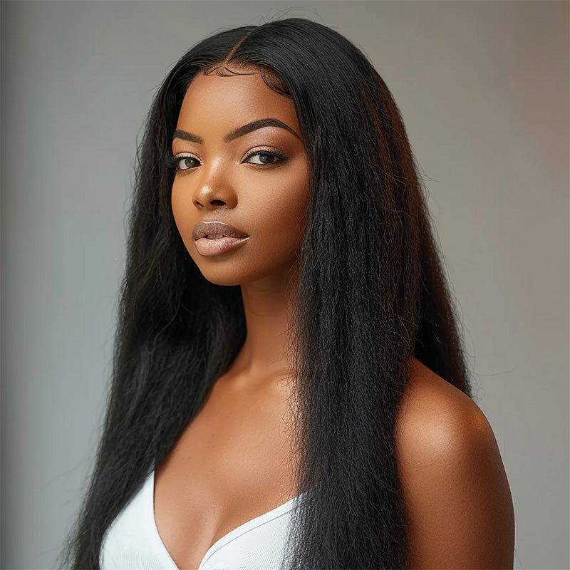 4C Edges Kinky Straight 13x4.5 HD Lace Full Frontal Wig With Pre Plucked Hairline 180% Density