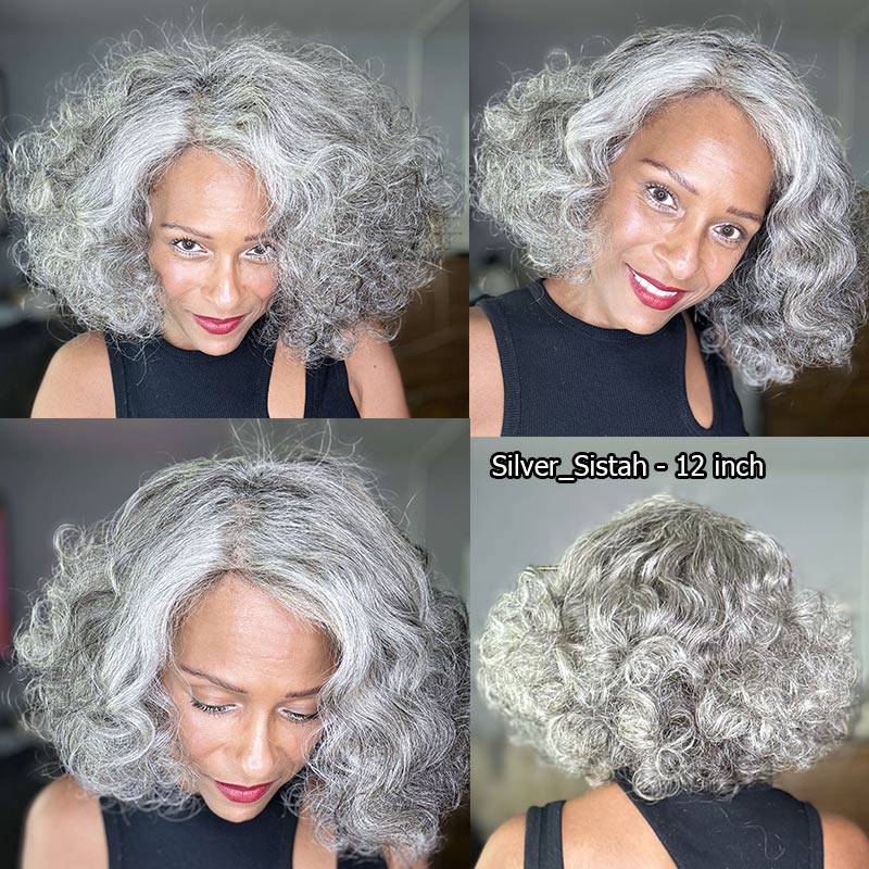 sOUL Lady wigs-Silver Grey Big Loose Curly Bob Wigs For Seniors Salt & Pepper Human Hair 4x4 Lace Wigs For Women Over 60-silver-sistah-side shows
