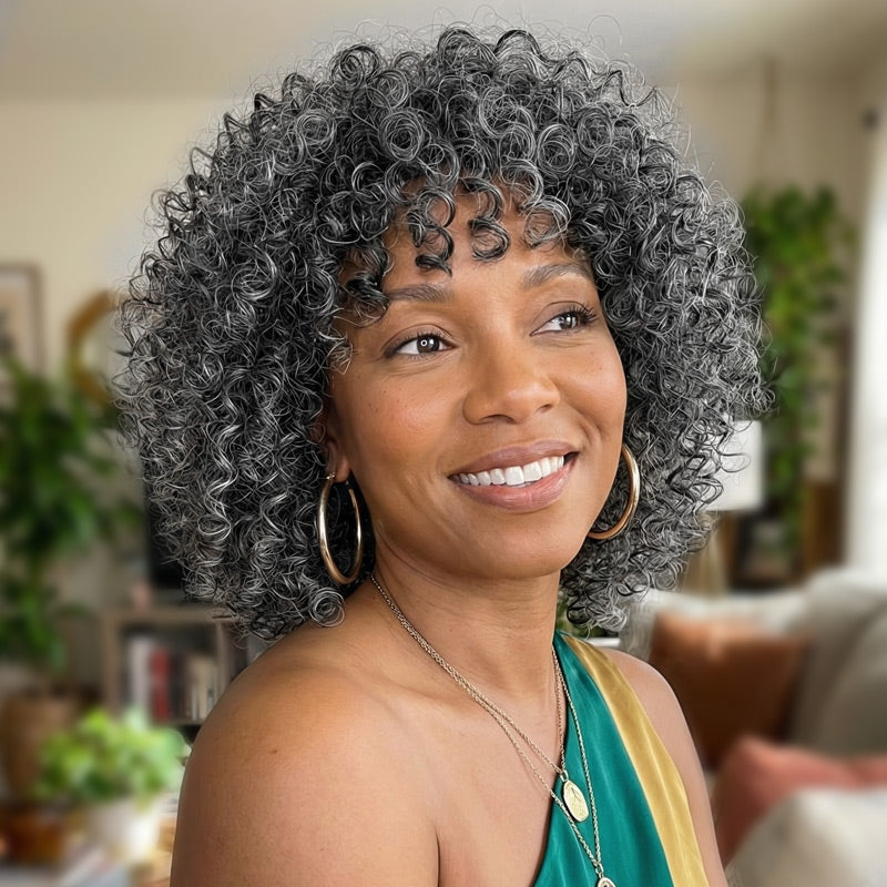 Dark Salt and Pepper Kinky Curly Wigs Glueless Bob Human  display picture 1