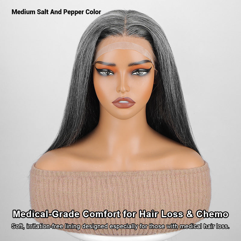 Soul Lady wigs Glueless Medical Wig For Hair Loss Silk Top Full Lace Straight Human Hair Wigs For Women-medium salt and pepper color