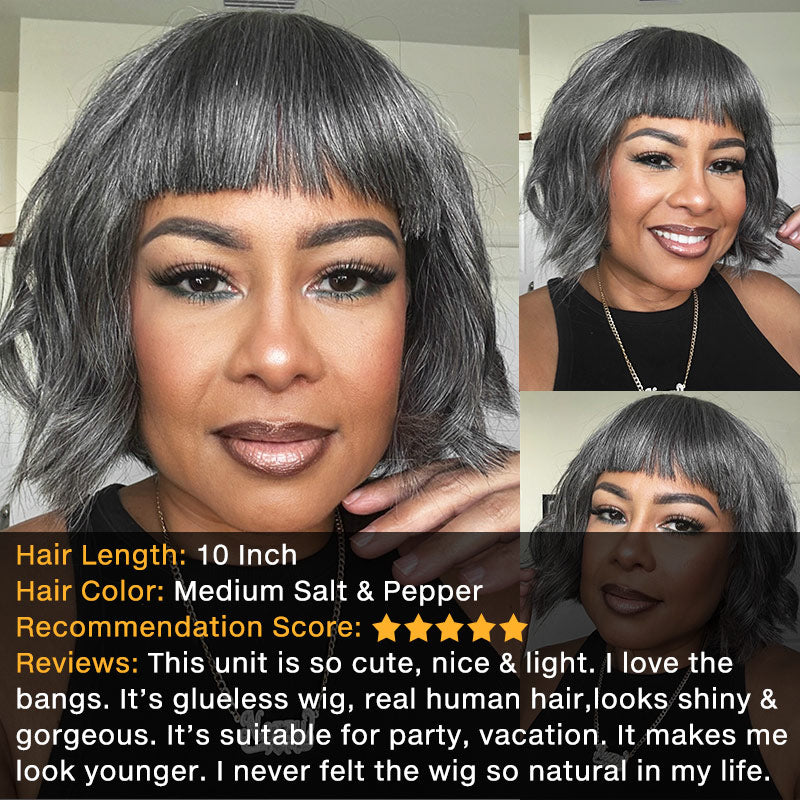 Renee | Chic Salt & Pepper Straight Bob Wig With Bangs Real Glueless Human Hair Wigs For Women-dark salt and pepper blend wig for older women over 50-model MS-nezzy