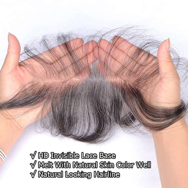 Soul lady wigs Custom Salt & Pepper Swiss Lace Forehead Fringe Bangs Invisible Hairline With Baby Hair 6x1 Lace Edges Human Hairpieces- show in hands