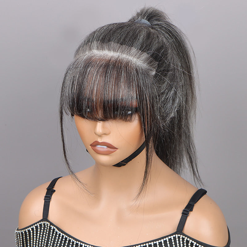 Soul lady wigs Custom Salt & Pepper Swiss Lace Forehead Fringe Bangs Invisible Hairline With Baby Hair 6x1 Lace Edges Human Hairpieces