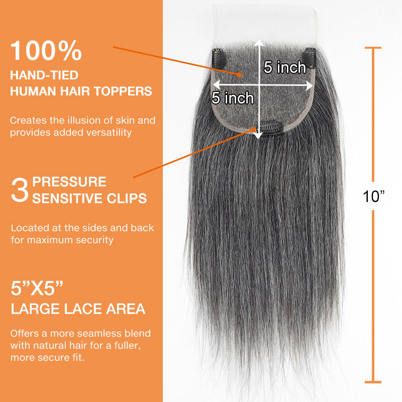 Soul Lady Medium Salt And Pepper Swiss Lace Topper Straight Human Hair For Thinning Hair-details