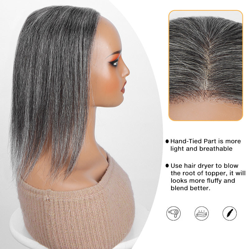 Soul Lady Medium Salt And Pepper Swiss Lace Topper Straight Human Hair For Thinning Hair-side show