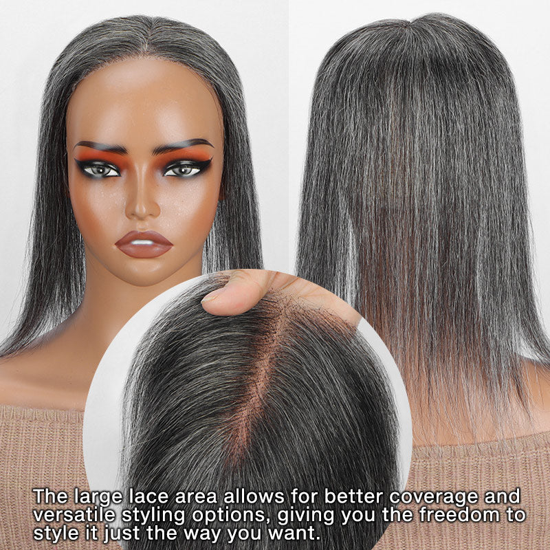 Soul Lady Medium Salt And Pepper Swiss Lace Topper Straight Human Hair For Thinning Hair-lace part show