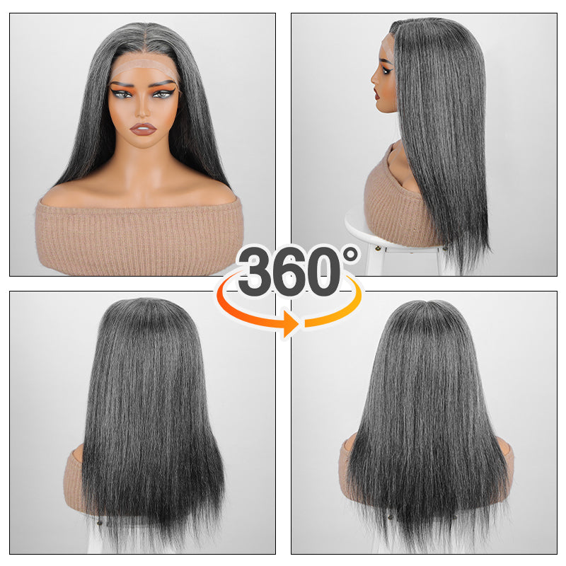 Soul Lady Glueless Medical Wig For Hair Loss Silk Top Full Lace Straight Human Hair Wigs Medium Salt & Pepper Gray Color- 360 degree display