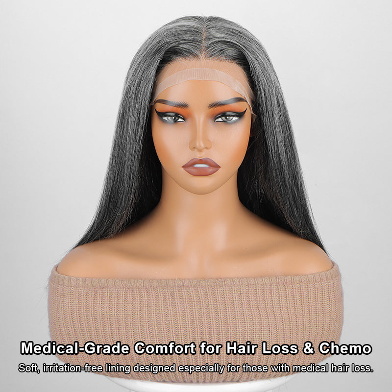 Soul Lady Glueless Medical Wig For Hair Loss Silk Top Full Lace Straight Human Hair Wigs Medium Salt & Pepper Gray Color-front show