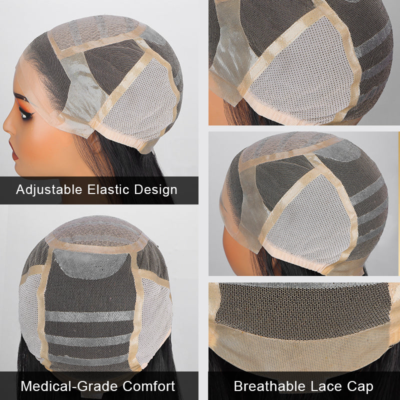Soul Lady Glueless Medical Wig For Hair Loss Silk Top Full Lace Straight Human Hair Wigs Medium Salt & Pepper Gray Color-cap details show