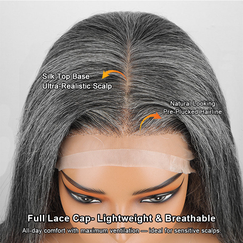 Soul Lady Glueless Medical Wig For Hair Loss Silk Top Full Lace Straight Human Hair Wigs Medium Salt & Pepper Gray Color-natural hairline show