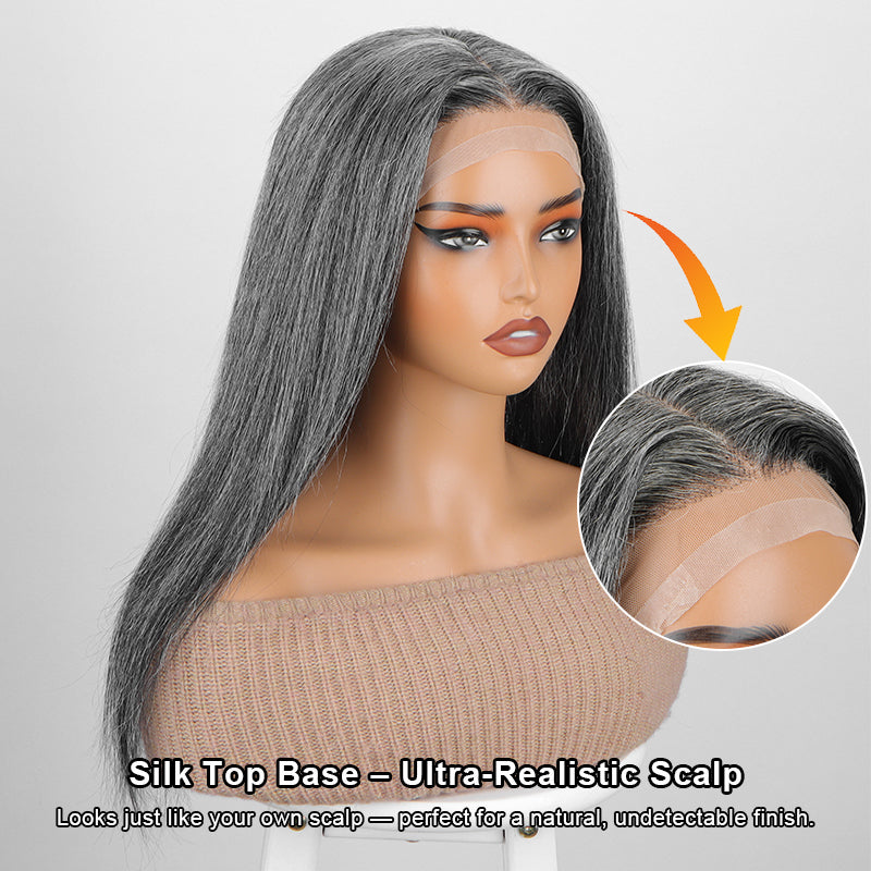 Soul Lady Glueless Medical Wig For Hair Loss Silk Top Full Lace Straight Human Hair Wigs Medium Salt & Pepper Gray Color-silk top base show