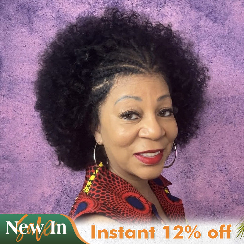 Soul lady | Ready To Go 13x4 Lace Frontal Wig with Braided Crown & Kinky Curly Afro Puff Human Hair for black women- model Magdaline 1ONLY