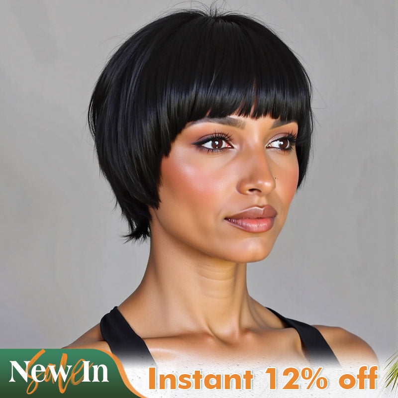 Soul lady Wear & Go Wig | Effortless Edgy Pixie Cut Wig With Bangs Straight Human Hair Glueless Wigs For Women