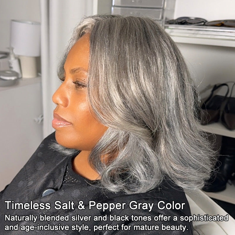 Soul lady wigs | Silver Chic Gray Wig Natural Wavy Human Hair Salt & Pepper Color 5x5 HD Lace Glueless Wigs-model at bre15 -summer trends hair