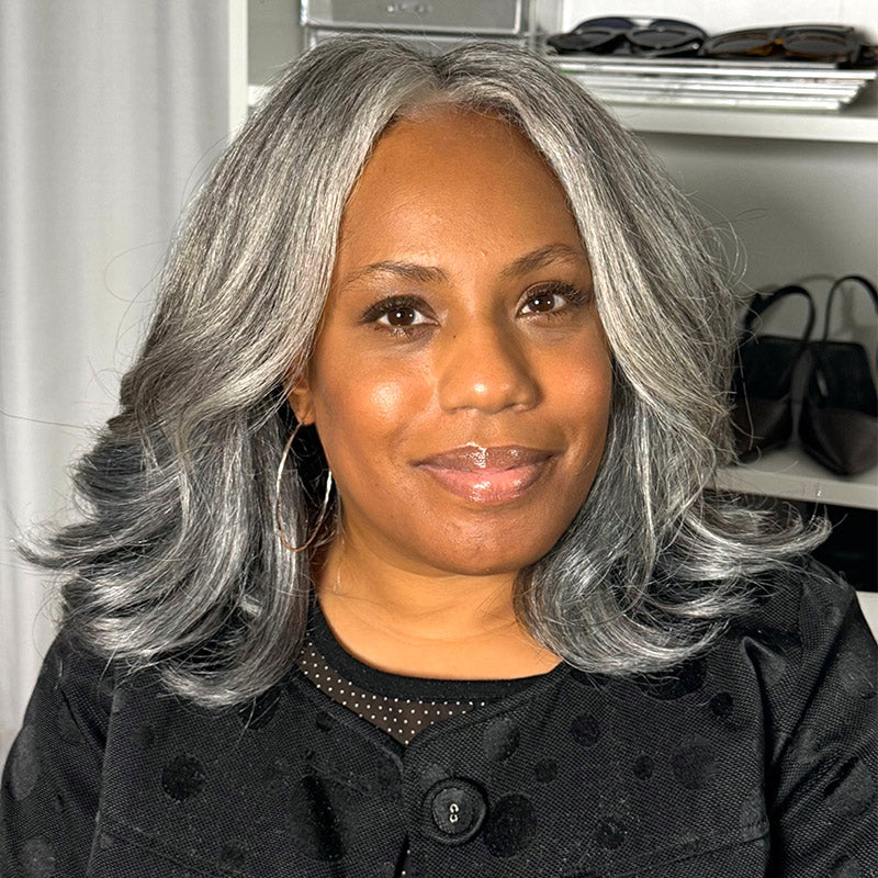 Soul lady wigs | Silver Chic Gray Wig Natural Wavy Human Hair Salt & Pepper Color 5x5 HD Lace Glueless Wigs-model at bre15 