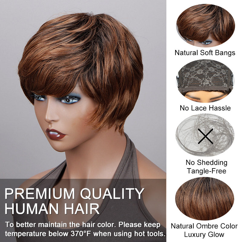 Soul Lady Ombre Caramel Brown Short Pixie Cut Wig Straight Human Hair glueless wig for women