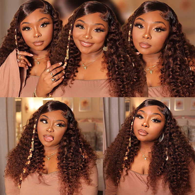 Soul Lady Curly Hair Wig Brown Color With Dark Roots 24" 4x4 Front Lace Wigs 180% Density-skip2my_lue
