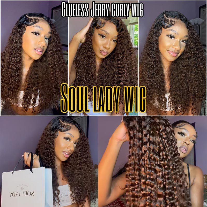 Soul Lady Curly Hair Wig Brown Color With Dark Roots 24" 4x4 Front Lace Wigs 180% Density-Simone Nicole 