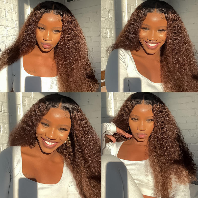 Long Ombre Brown Curly Human Hair 4x4 Lace Closure Wigs With  display picture 2