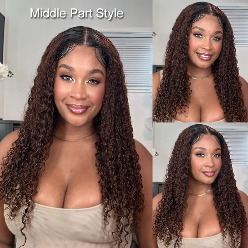 Long Brown Curly Hair Wig With Dark Roots 24" 4x4 Front Lace Wigs 180% Density