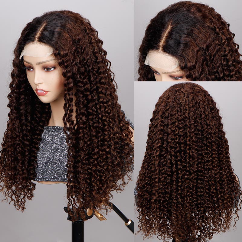 Curly Hair Wig Brown Color With Dark Roots Front Lace Wigs 180% Density-side show