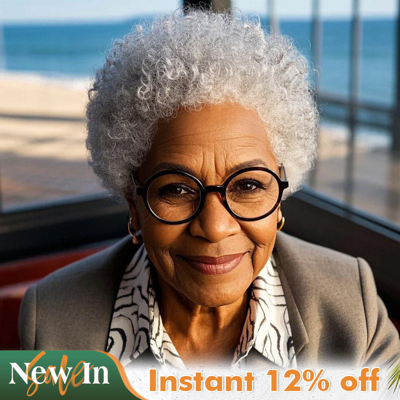 Soul Lady Wigs Instant Wear & Go Wigs | Light Salt & Pepper Short Afro 4C Curly Human Hair Glueless Wig For Older Women