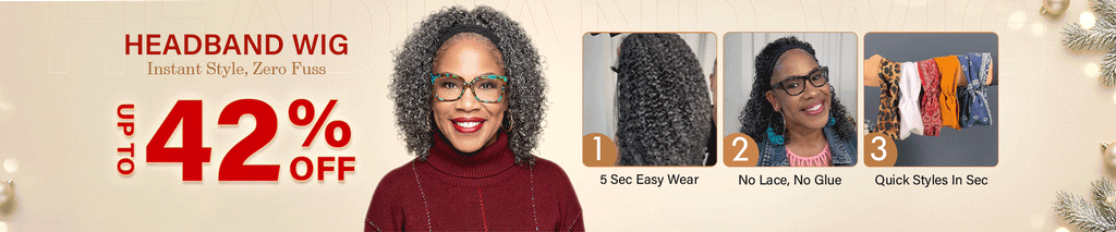 Salt and pepper human hair headband wig promotion banner – glueless headband wig for fashionable women over 50 by Soul Lady Wigs. 1920x400