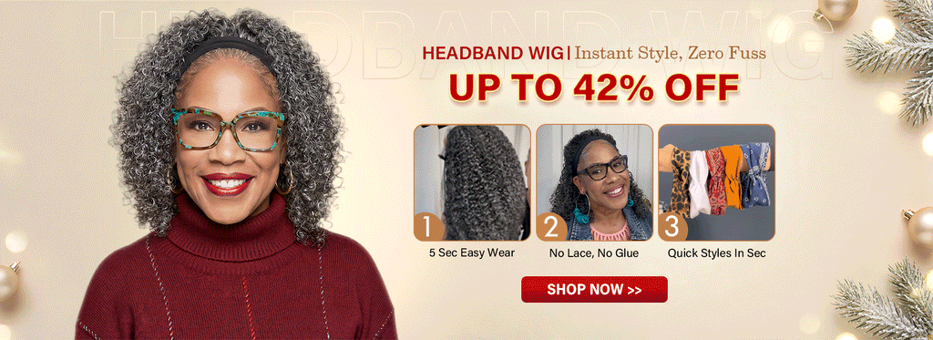 Salt and pepper human hair headband wig promotion banner – glueless headband wig for fashionable women over 50 by Soul Lady Wigs.1920x700