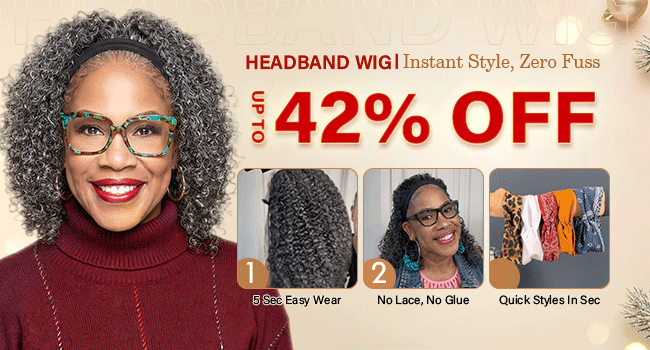 Salt and pepper human hair headband wig promotion banner – glueless headband wig for fashionable women over 50 by Soul Lady Wigs. 650x350