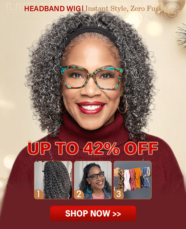 Salt and pepper human hair headband wig promotion banner – glueless headband wig for fashionable women over 50 by Soul Lady Wigs. 650x800