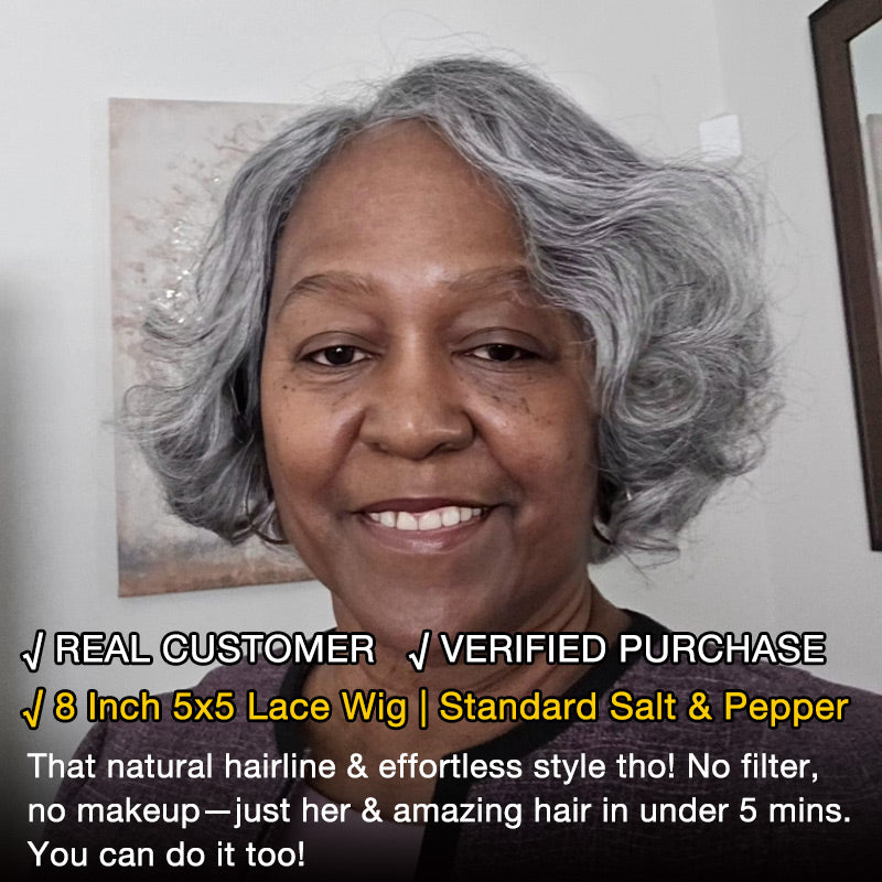 Soul Lady Instant Wear To Go Salt And Pepper Wig Glueless Human Hair Loose Curly Bob For Seniors | real customer shareon glueless lace gray wigs