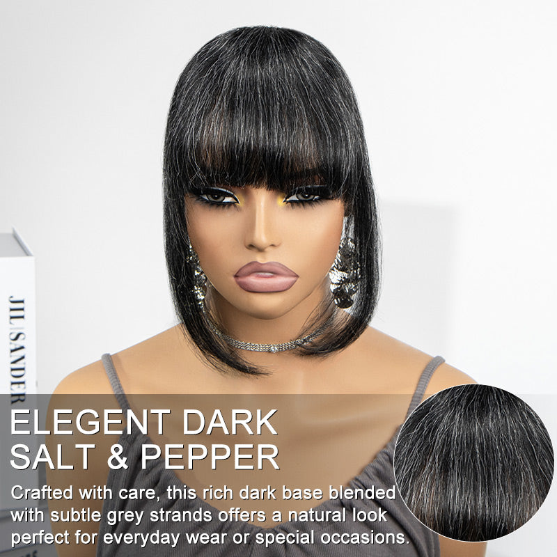 Soul Lady Wigs dark salt and pepper clip-in hairpiece with full bangs and face-framing pieces, close-up showing natural texture, color blend, and detailed hair strands.