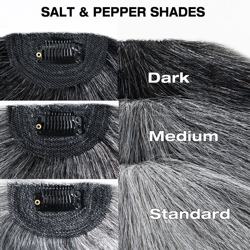 Soul Lady Wigs salt and pepper clip-in hairpiece with full bangs and face-framing pieces, close-up showing natural hair texture, balanced color blend. different- gray shades view